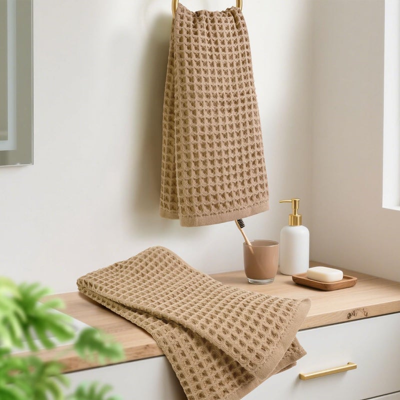 Jacquotha Waffle Bathroom Hand Towels 2-Piece (Tan) â€“ Cotton, Soft, Lightweight, Lint Free, 13â€ x 29â€ - Image 3
