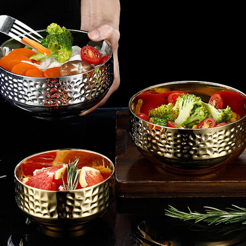 Gold Double Layer Insulated Stainless Steel Bowl Hammered Textured Nonslip Serving For Dining Kitchen Parties - Image 5