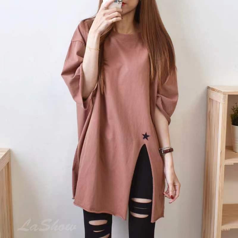 Plus Size Short-Sleeved T-Shirt For Women 2023 Loose Mid-Length Half-Sleeved Round Neck Top Asymmetrical Slit T-Shirt - Image 2
