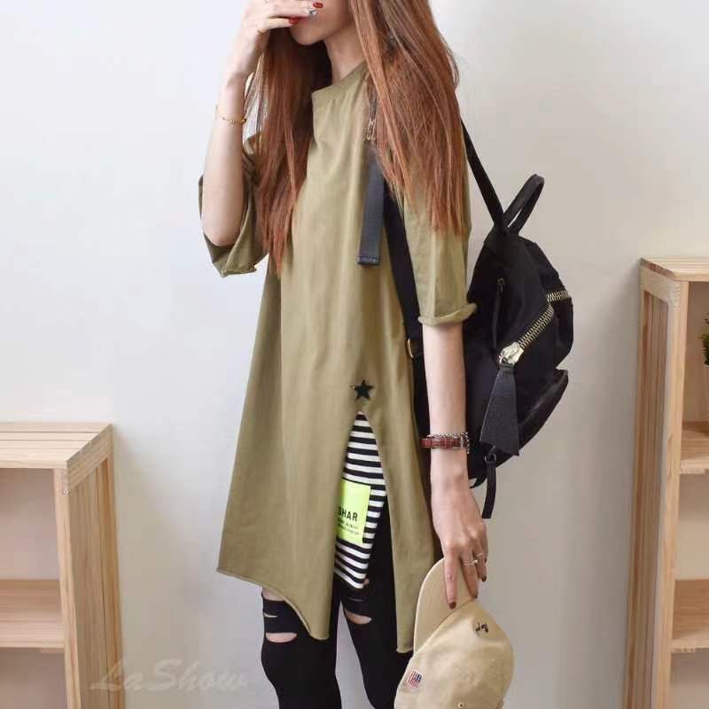 Plus Size Short-Sleeved T-Shirt For Women 2023 Loose Mid-Length Half-Sleeved Round Neck Top Asymmetrical Slit T-Shirt - Image 5