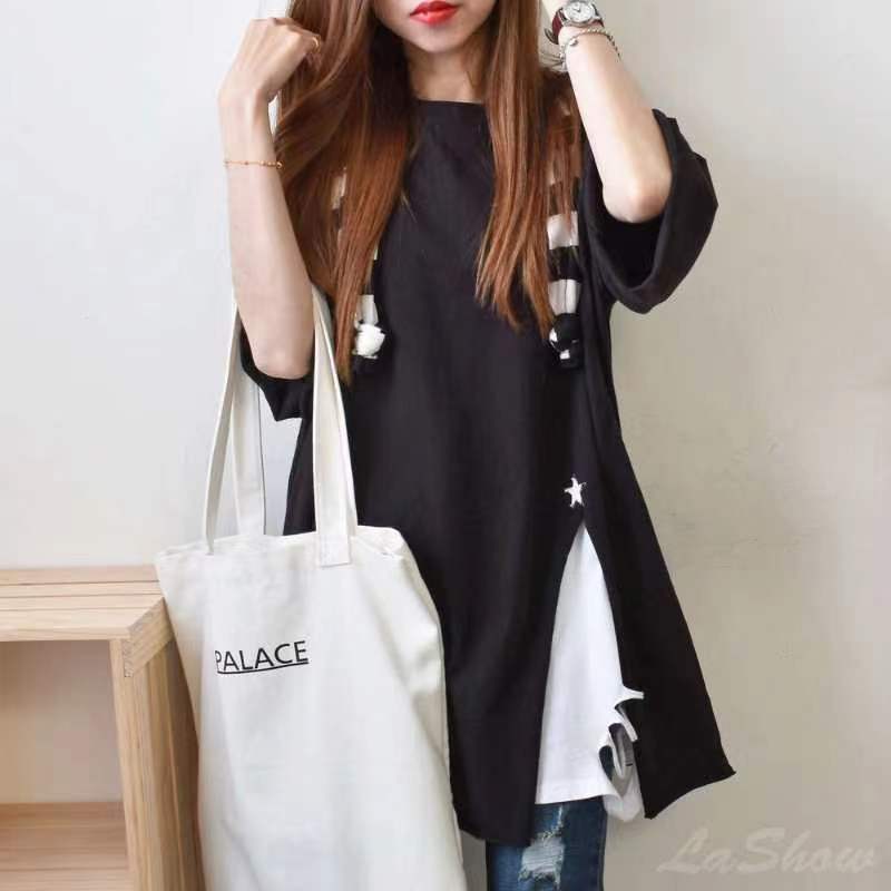 Plus Size Short-Sleeved T-Shirt For Women 2023 Loose Mid-Length Half-Sleeved Round Neck Top Asymmetrical Slit T-Shirt - Image 4
