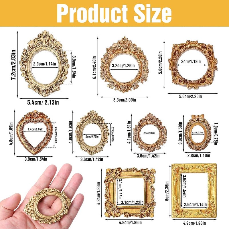 Nogeqi 9PCS Mini Gold Frames, Small Gold Picture Frames, Oval Rectangle Antique Resin Vintage Picture Frame Set for DIY  Holiday Party Hotel Photo Jewelry Display Decoration (Assorted Styles) - Image 2