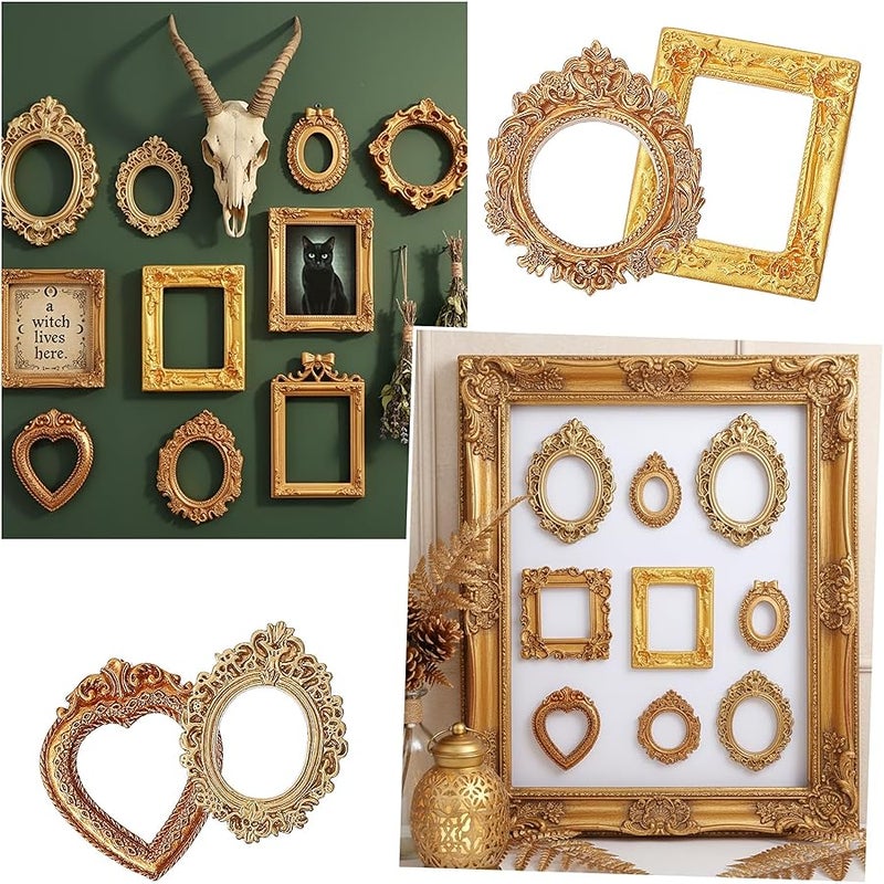 Nogeqi 9PCS Mini Gold Frames, Small Gold Picture Frames, Oval Rectangle Antique Resin Vintage Picture Frame Set for DIY  Holiday Party Hotel Photo Jewelry Display Decoration (Assorted Styles) - Image 3