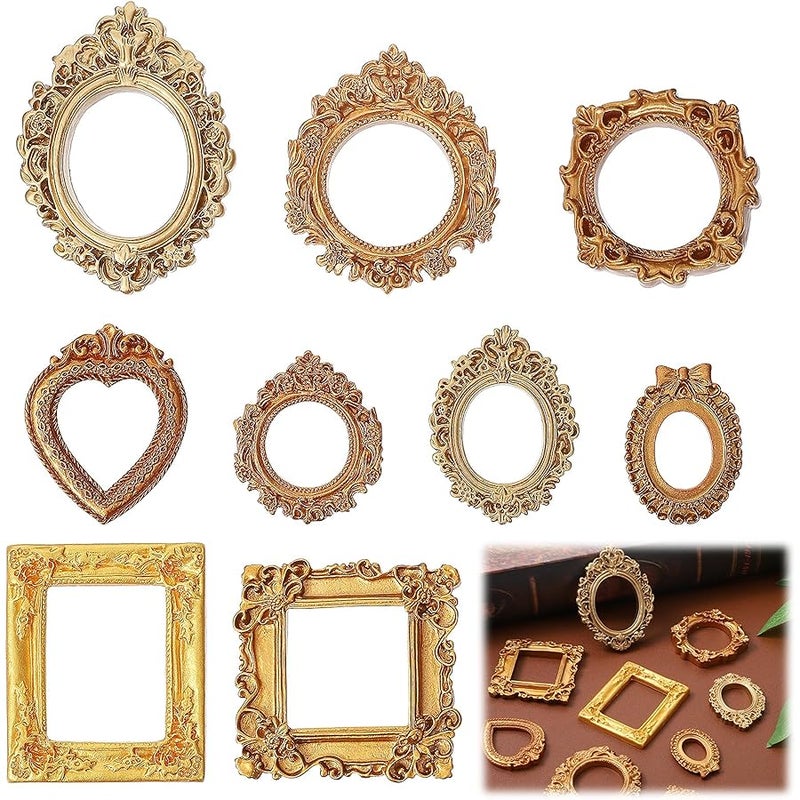Nogeqi 9PCS Mini Gold Frames, Small Gold Picture Frames, Oval Rectangle Antique Resin Vintage Picture Frame Set for DIY  Holiday Party Hotel Photo Jewelry Display Decoration (Assorted Styles) - Image 1