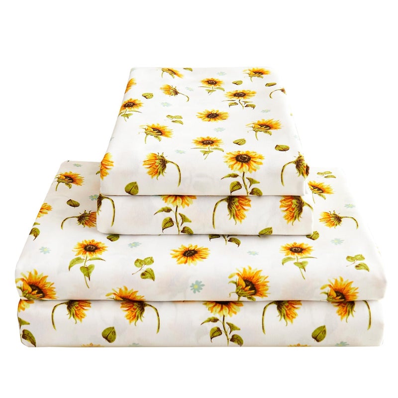 Softan Floral Sheet Set Queen, Sunflower Printed Bed Sheets Queen, Cozy Double Brushed Microfiber Fitted Sheet with 15" Deep Pocket and Corner Straps, Cute Yellow Flower Sheet & Pillowcase Sets - Image 1
