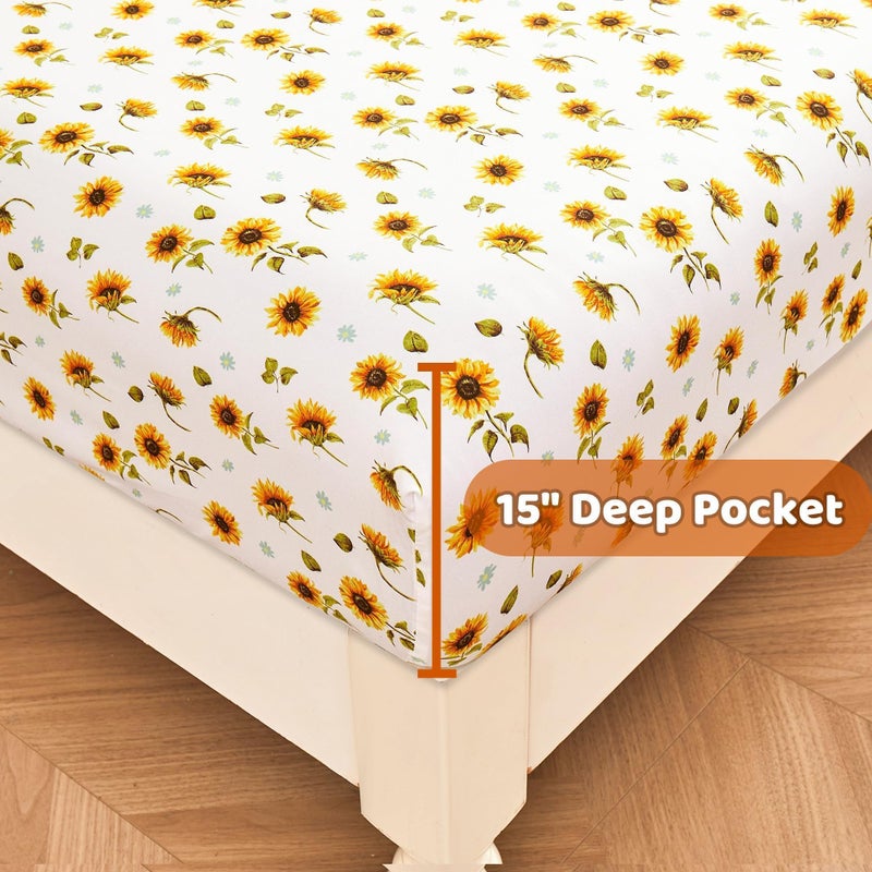 Softan Floral Sheet Set Queen, Sunflower Printed Bed Sheets Queen, Cozy Double Brushed Microfiber Fitted Sheet with 15" Deep Pocket and Corner Straps, Cute Yellow Flower Sheet & Pillowcase Sets - Image 4