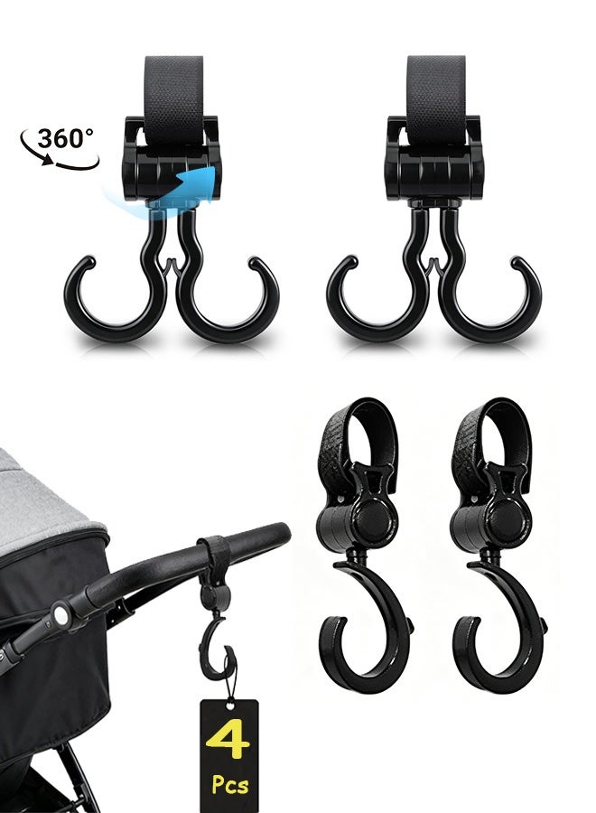 Quantum 4 Pack 360 Degree Rotatable Stroller Hooks - Heavy Duty Double S Shape Stroller Bag Hooks - Universal Adjustable Strap Shopping Organizer Hooks for Baby Stroller Wheelchair Shopping Cart Walker to Hang Diaper Bags & Handbags (Black) - Image 1