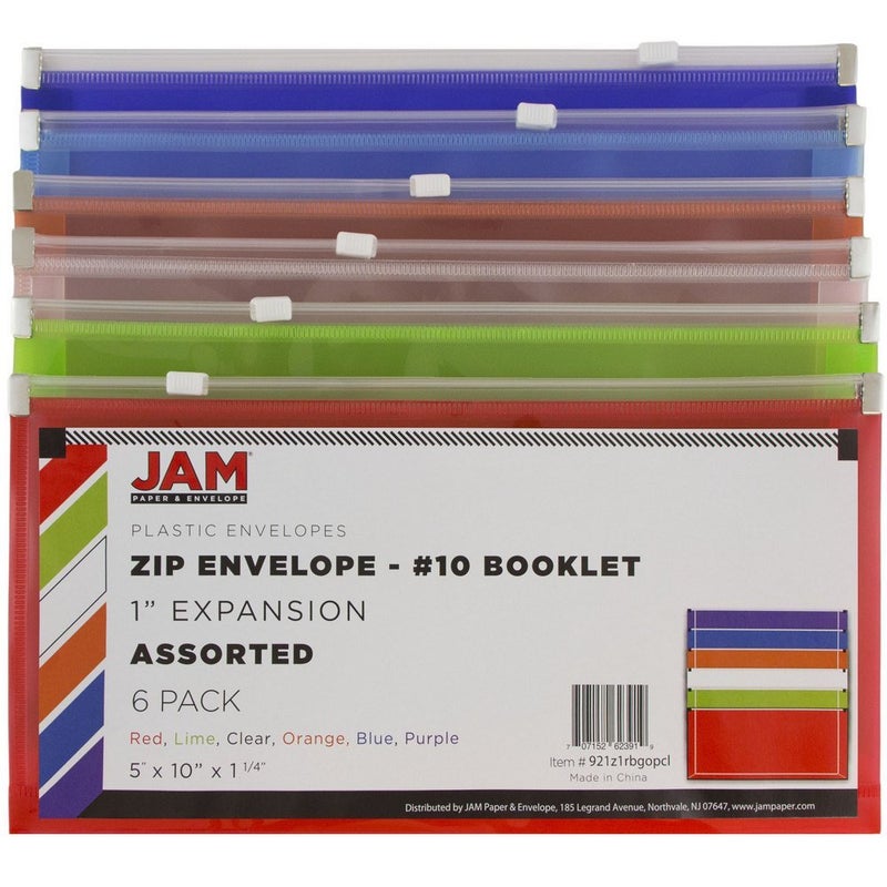 JAM Paper أظرف بلاستيكية من JAM PAPER مع إغلاق بسحاب - محفظة كتيب #10 - 5 × 10 - ألوان متنوعة - 6/عبوة - Image 3