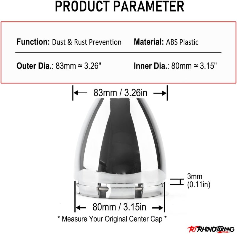 RTRHINOTUNING 4 PCS 3.26" Bore Dome Center Cap for Rim 3 1/4" Wheel Center Caps, OD: 3.26"(83 mm) ID: 3.15"(80 mm) Wheel Caps Hubcaps, Chrome Silver - Image 2