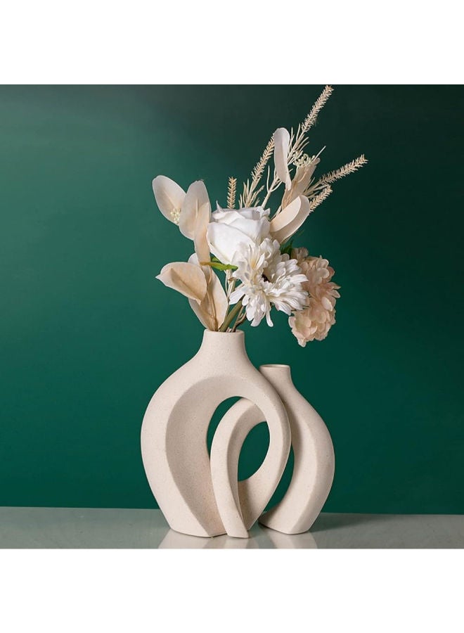 Levvohd Off White Hollow Ceramic Vase Set of 2, Round Modern Vase for Nordic Minimalist Book Style Shelf Decor, Donut Boho Aesthetic Vases for Trendy Home Living Room Entryway Coffee Table Decorative