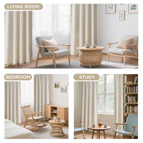 Joydeco Beige Boho Curtains 84 Inch Length 2 Panels, Super Soft Bohemian Farmhouse Curtains with Tassels, Semi Sheer Light Filtering Drapes for Bedroom Living Room (Rod Pocket, 52Wx84L) - Image 5
