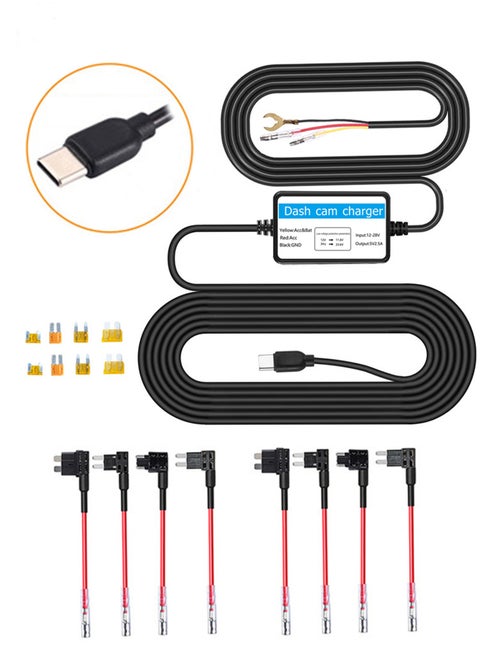 Dash Cam Hardwire Kit with 8 Fuse Tap Cables & Installation Tool, 30cm 12V-30V to 5V/2A Type-C Interface Power Cord for Dashcams