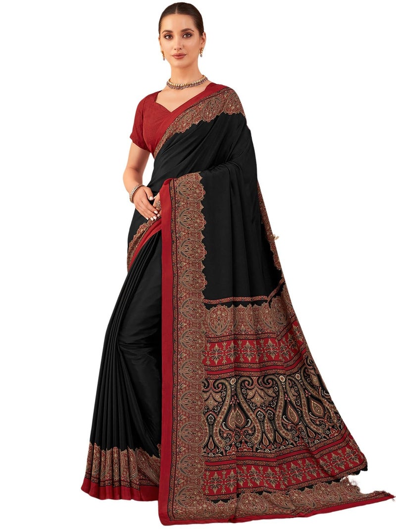 Satrani Women's Silk Crepe Printed Saree with Unstitched Blouse Piece (4201S3304N_Black & Red) - Image 1