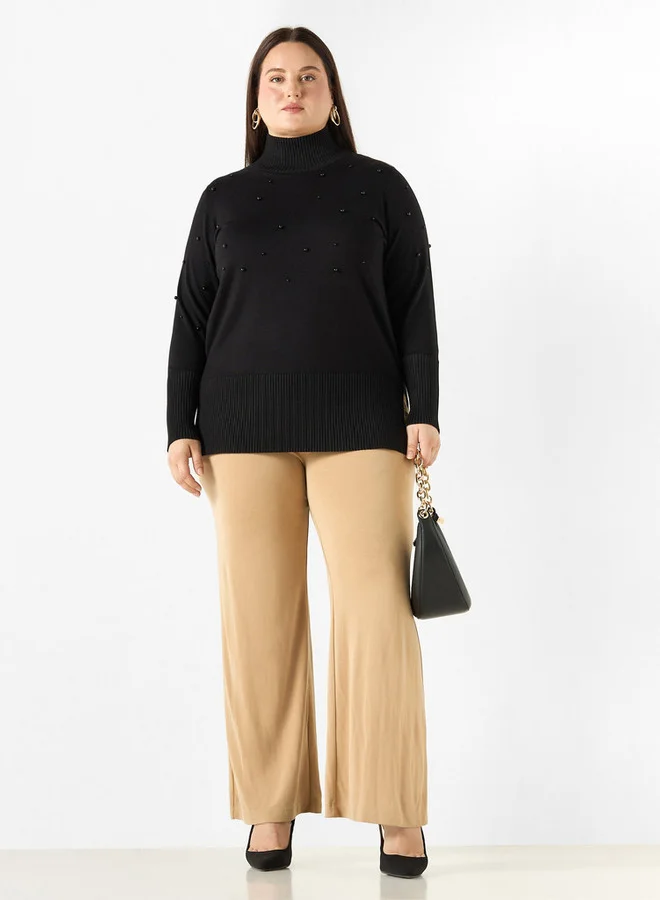 Ulla Popken Plus Size Ulla Popken Pearl Embellished High-Neck Sweater with Side Slit