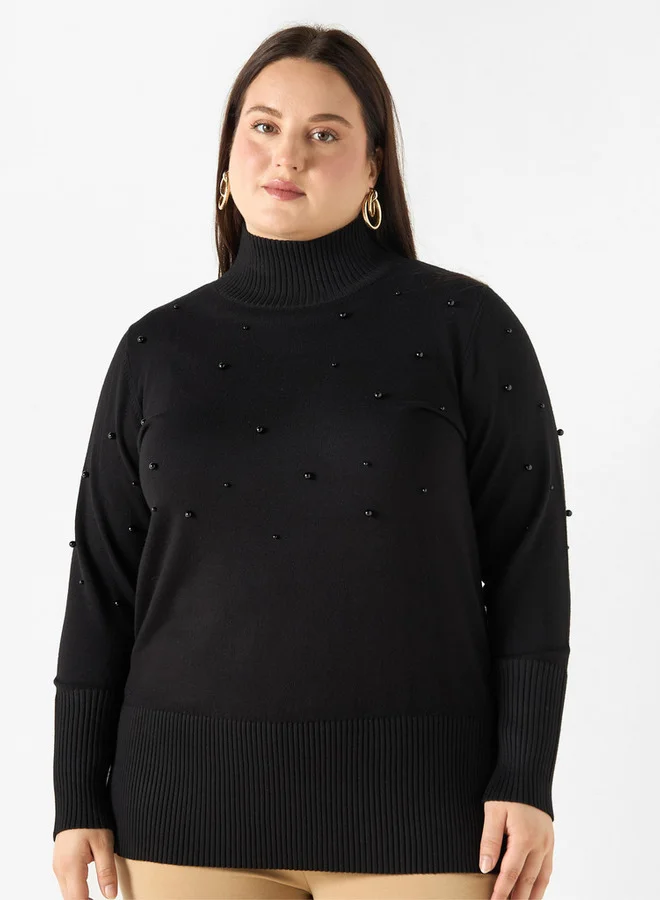 Ulla Popken Plus Size Ulla Popken Pearl Embellished High-Neck Sweater with Side Slit
