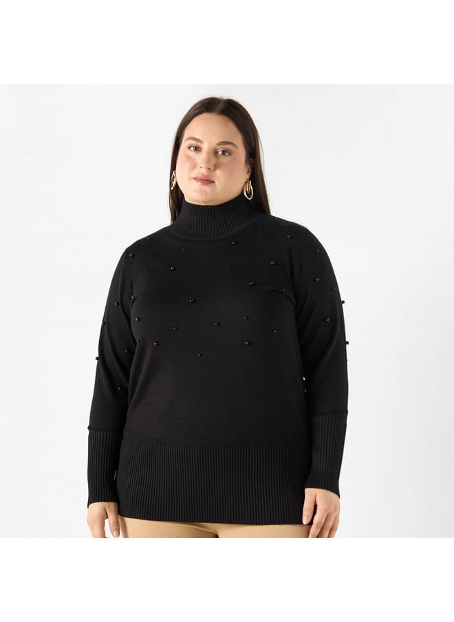 Ulla Popken Plus Size Ulla Popken Pearl Embellished High-Neck Sweater with Side Slit  - Image 1