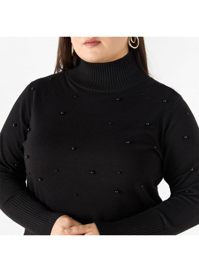 Ulla Popken Plus Size Ulla Popken Pearl Embellished High-Neck Sweater with Side Slit  - Image 4