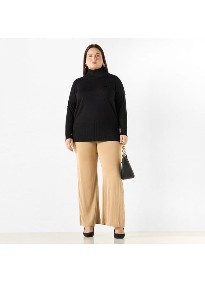 Ulla Popken Plus Size Ulla Popken Pearl Embellished High-Neck Sweater with Side Slit  - Image 2