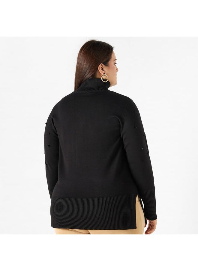 Ulla Popken Plus Size Ulla Popken Pearl Embellished High-Neck Sweater with Side Slit  - Image 3