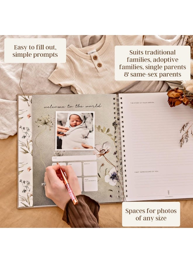 Peachly Baby Memory Book | Minimalist First Year Keepsake for Milestone | Simple Baby Scrapbook Books for Girl | 60 Pages Beige Linen - Fleur - Image 5