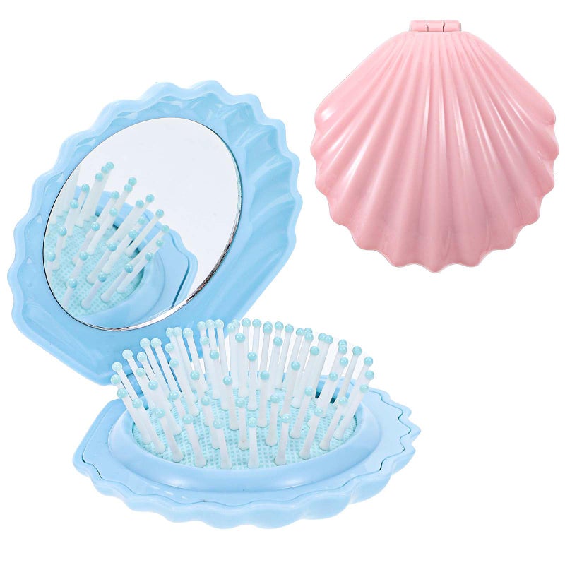 Nogeqi 2 Pcs Shell Shape Foldable Mini Brush for HairTravel Size Hair Brush with MirrorConch Folding Hair BrushPortable Compact Hair Brush for Women and Purse Must Haves Blue Pink