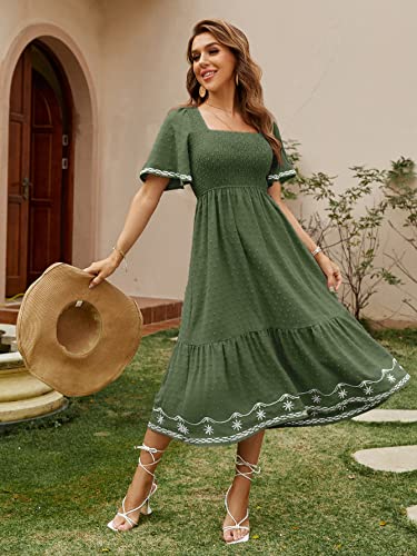 Glamaker Women's Short Sleeve Smocked Square Neck A Line Summer Flowy Midi Dress Grass Green Small - Image 5