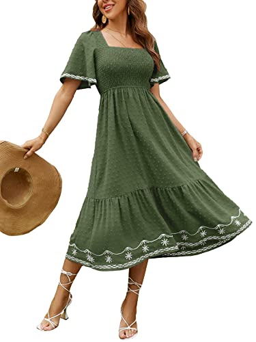Glamaker Women's Short Sleeve Smocked Square Neck A Line Summer Flowy Midi Dress Grass Green Small - Image 1