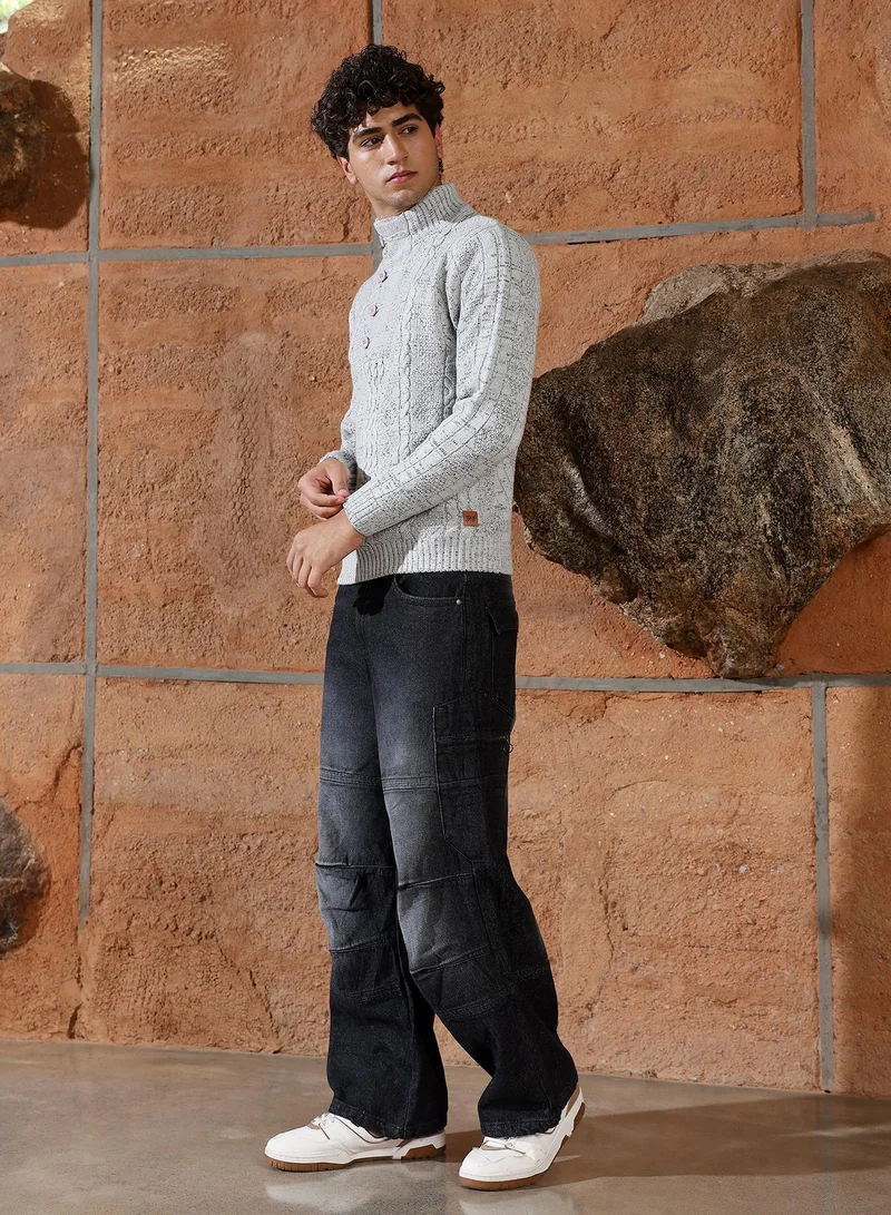 Campus Sutra Campus Sutra Men's Cloud Grey Heathered-Jacquard Knit Fisherman Sweater | Stand Collar , Ribbed Cuff Sleeves , Half-Button Closure , Ribbed-Straight Hem | Solid Jacquard For Casual & Daily Wear