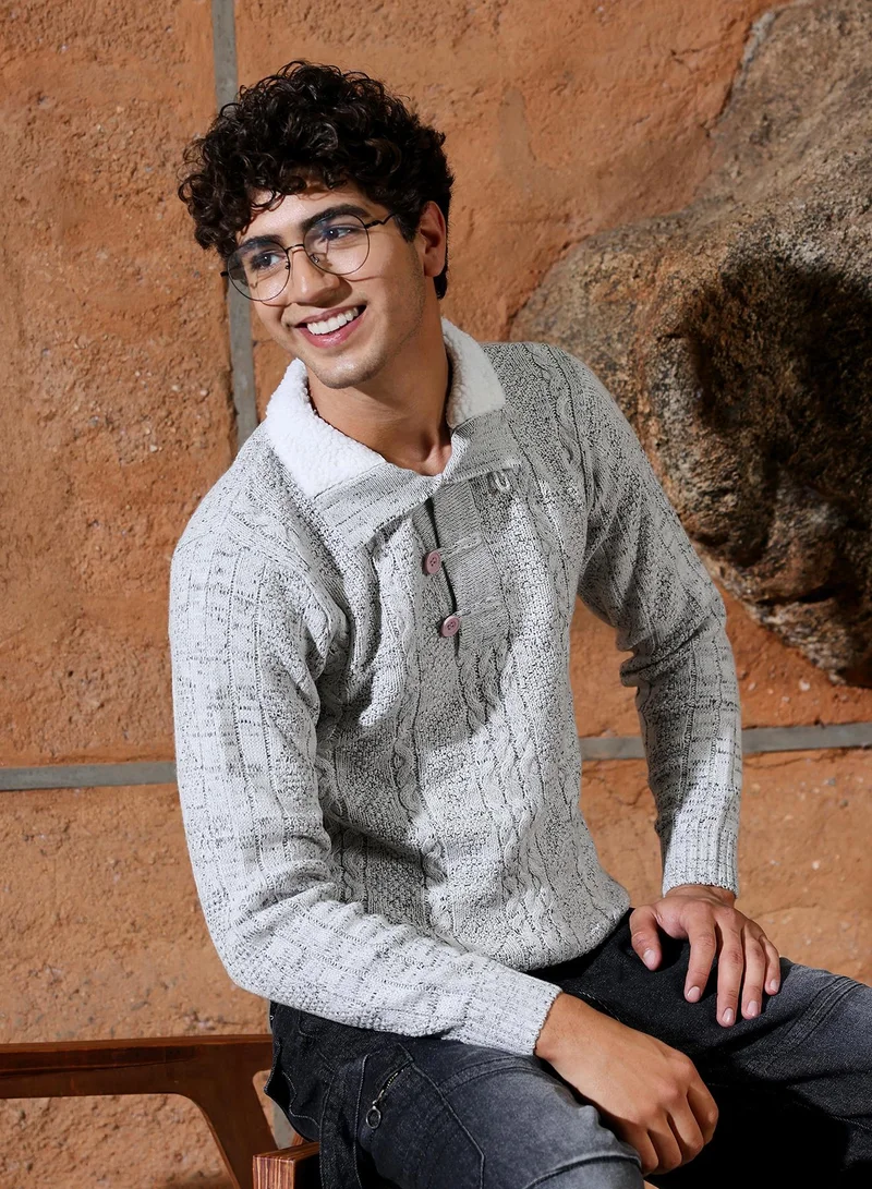 Campus Sutra Campus Sutra Men's Cloud Grey Heathered-Jacquard Knit Fisherman Sweater | Stand Collar , Ribbed Cuff Sleeves , Half-Button Closure , Ribbed-Straight Hem | Solid Jacquard For Casual & Daily Wear