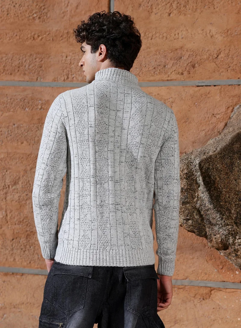 Campus Sutra Campus Sutra Men's Cloud Grey Heathered-Jacquard Knit Fisherman Sweater | Stand Collar , Ribbed Cuff Sleeves , Half-Button Closure , Ribbed-Straight Hem | Solid Jacquard For Casual & Daily Wear