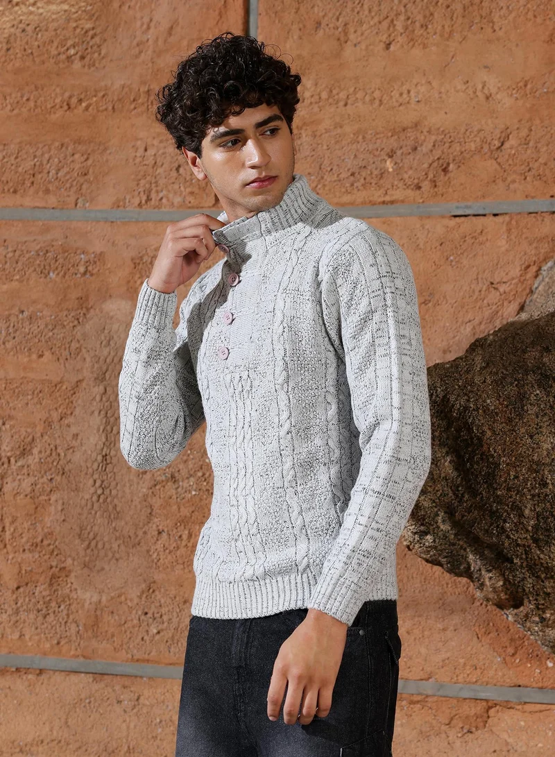 Campus Sutra Campus Sutra Men's Cloud Grey Heathered-Jacquard Knit Fisherman Sweater | Stand Collar , Ribbed Cuff Sleeves , Half-Button Closure , Ribbed-Straight Hem | Solid Jacquard For Casual & Daily Wear