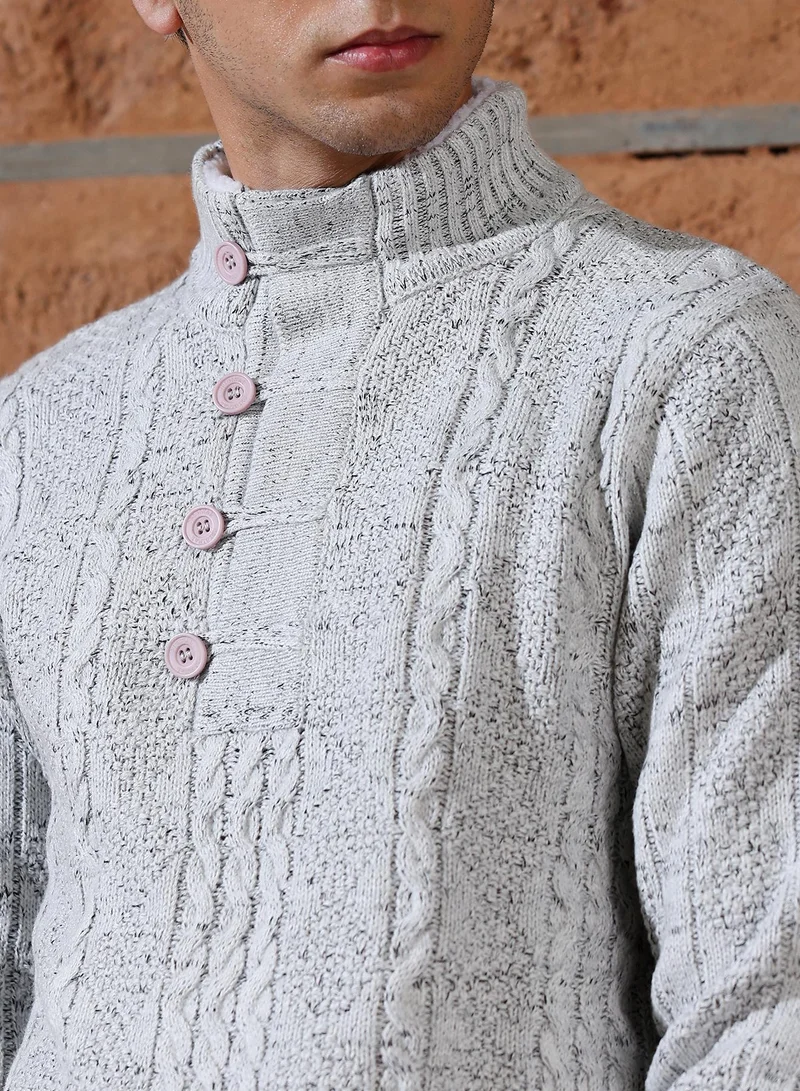 Campus Sutra Campus Sutra Men's Cloud Grey Heathered-Jacquard Knit Fisherman Sweater | Stand Collar , Ribbed Cuff Sleeves , Half-Button Closure , Ribbed-Straight Hem | Solid Jacquard For Casual & Daily Wear