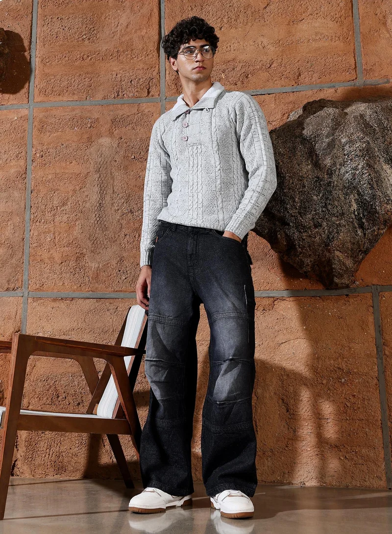 Campus Sutra Campus Sutra Men's Cloud Grey Heathered-Jacquard Knit Fisherman Sweater | Stand Collar , Ribbed Cuff Sleeves , Half-Button Closure , Ribbed-Straight Hem | Solid Jacquard For Casual & Daily Wear
