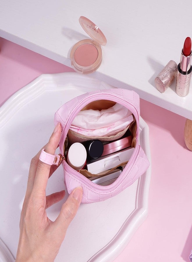 MAGEFY Small Makeup Bag for Purse, Checkered Makeup Bag Small Pouches for purse Leather Mini Make Up Bag Cute Cosmetic Bag for Women with Slip-in Pockets,Pink - Image 4