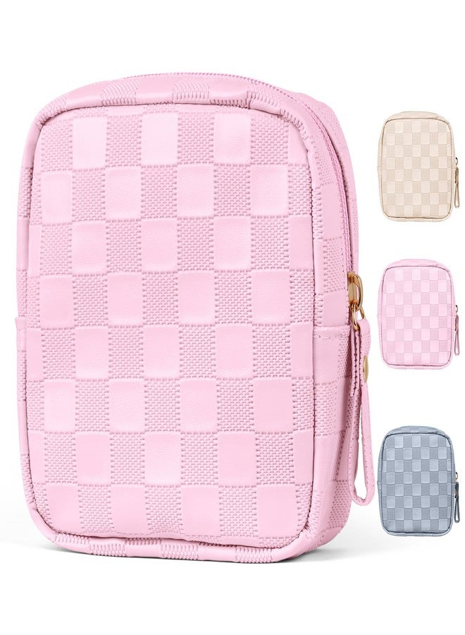 MAGEFY Small Makeup Bag for Purse, Checkered Makeup Bag Small Pouches for purse Leather Mini Make Up Bag Cute Cosmetic Bag for Women with Slip-in Pockets,Pink - Image 1