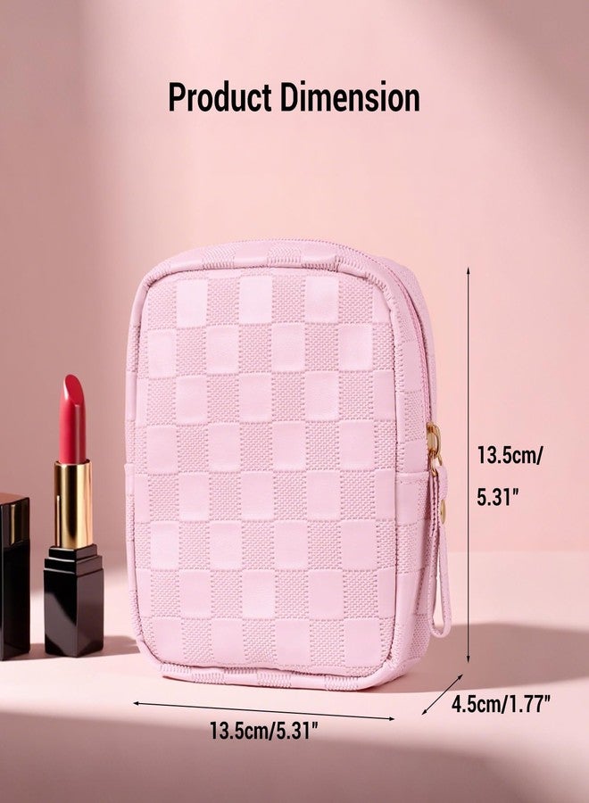 MAGEFY Small Makeup Bag for Purse, Checkered Makeup Bag Small Pouches for purse Leather Mini Make Up Bag Cute Cosmetic Bag for Women with Slip-in Pockets,Pink - Image 2