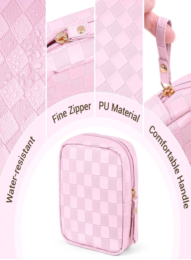 MAGEFY Small Makeup Bag for Purse, Checkered Makeup Bag Small Pouches for purse Leather Mini Make Up Bag Cute Cosmetic Bag for Women with Slip-in Pockets,Pink - Image 5