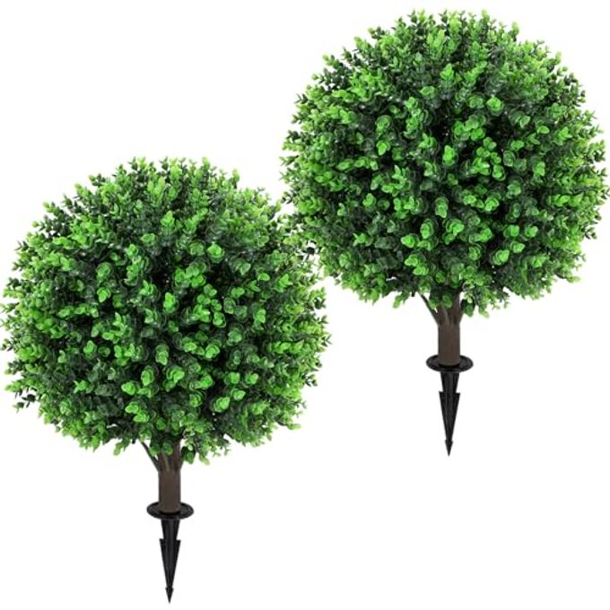 Jasmpig Artificial Green Eucalyptus Topiary Ball Tree 24" with Ground Spike, Set of 2 Artificial Boxwood Bushes for Faux Shrubs, Fake Evergreen Faux Plant for Indoor Outdoor GardenUV ResistantFade-Proof - Image 1