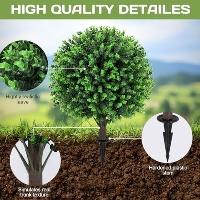 Jasmpig Artificial Green Eucalyptus Topiary Ball Tree 24" with Ground Spike, Set of 2 Artificial Boxwood Bushes for Faux Shrubs, Fake Evergreen Faux Plant for Indoor Outdoor GardenUV ResistantFade-Proof - Image 3