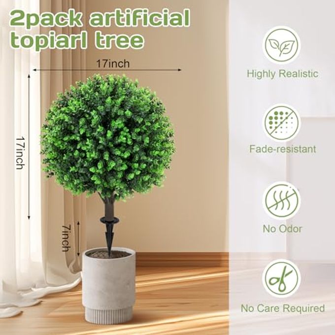 Jasmpig Artificial Green Eucalyptus Topiary Ball Tree 24" with Ground Spike, Set of 2 Artificial Boxwood Bushes for Faux Shrubs, Fake Evergreen Faux Plant for Indoor Outdoor GardenUV ResistantFade-Proof - Image 5