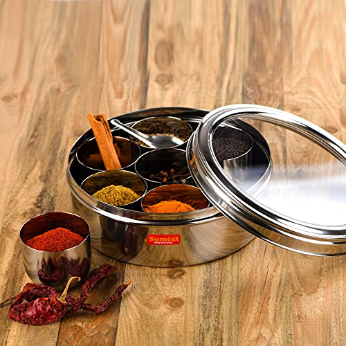 Sumeet Stainless Steel Round Masala (Spice) BoxOrganiser with See Through Lid With 7 Containers and Small Spoon Size 11 (1.5Ltr) (18.5cm), Silver - Image 2