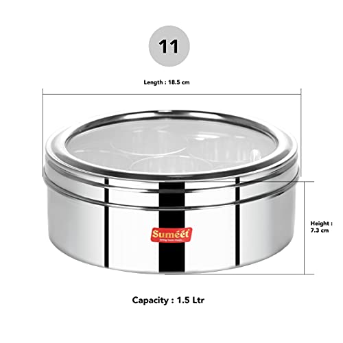 Sumeet Stainless Steel Round Masala (Spice) BoxOrganiser with See Through Lid With 7 Containers and Small Spoon Size 11 (1.5Ltr) (18.5cm), Silver - Image 4