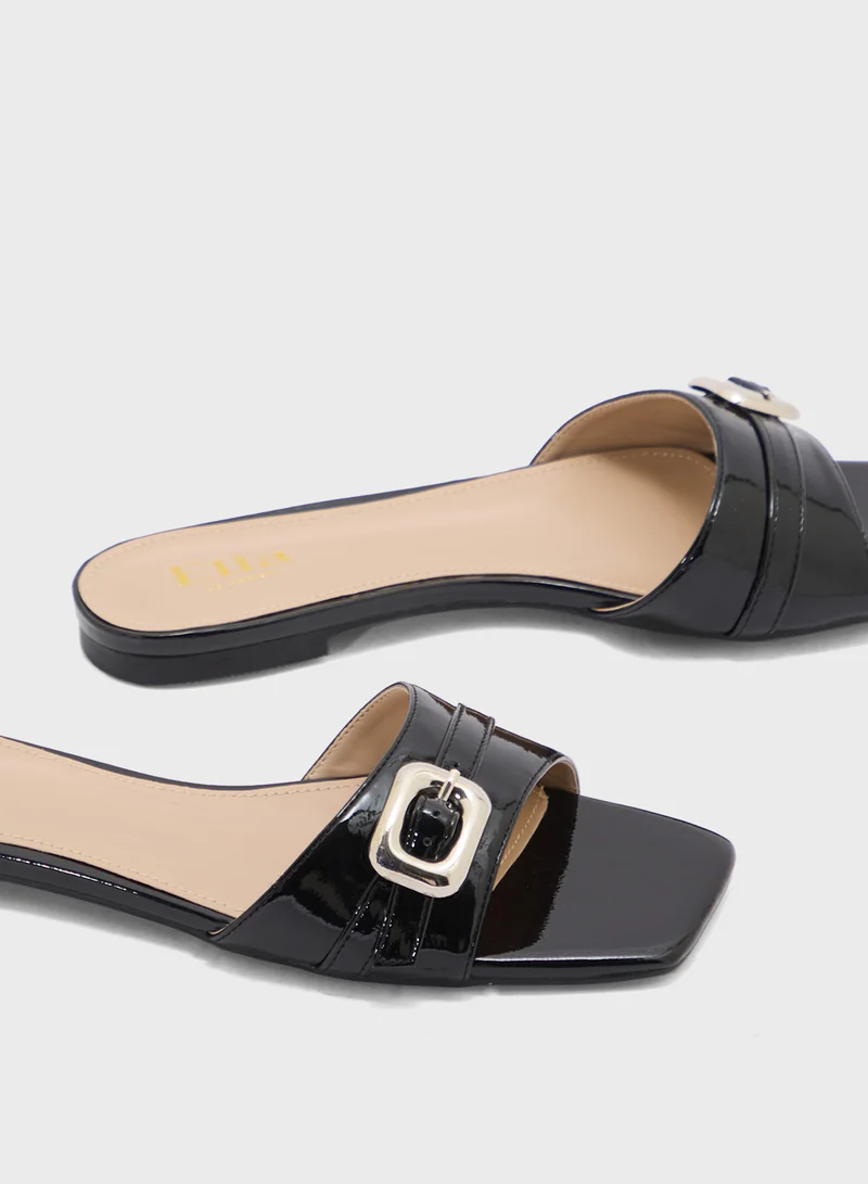 ELLA Buckle Detail Crinkle Patent Flat Sandal