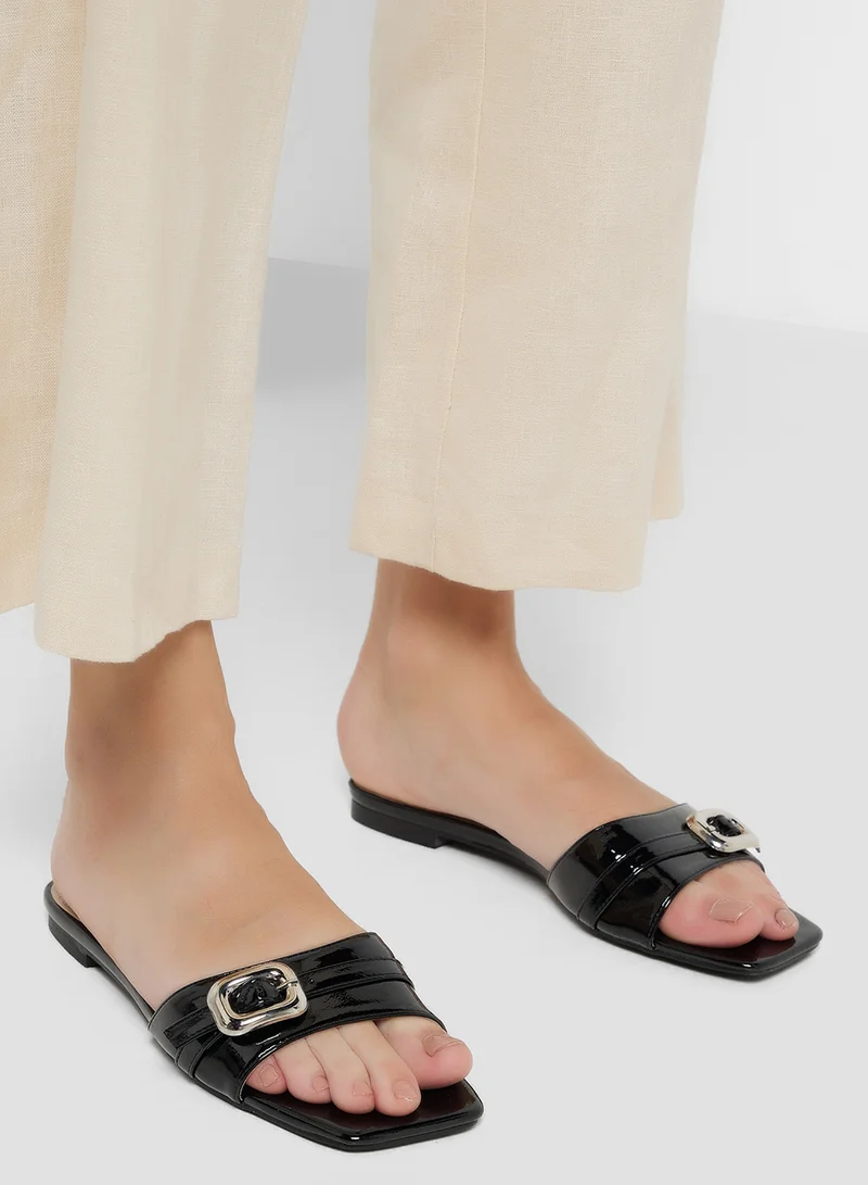 ELLA Buckle Detail Crinkle Patent Flat Sandal