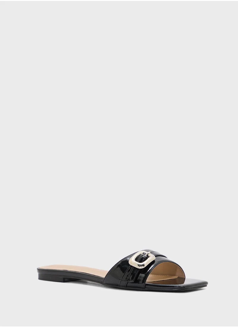 ELLA Buckle Detail Crinkle Patent Flat Sandal