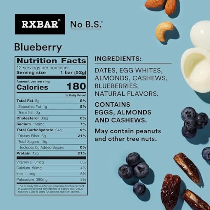 RXBAR ألواح بروتين RXBAR، وجبة خفيفة بروتينية، ألواح خفيفة، توت أزرق، علبة 22 أونصة (12 قطعة) - Image 2