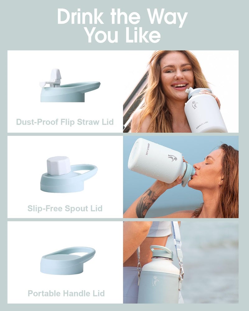 Coolflask 64 oz Water Bottle Insulated with PU Leather Sleeve, Half Gallon Water Bottle Color Contrast with Straw Lids, Stainless Steel Metal Large Water Jug, Keep Cold 48h Hot 24h,Glacier White - Image 5