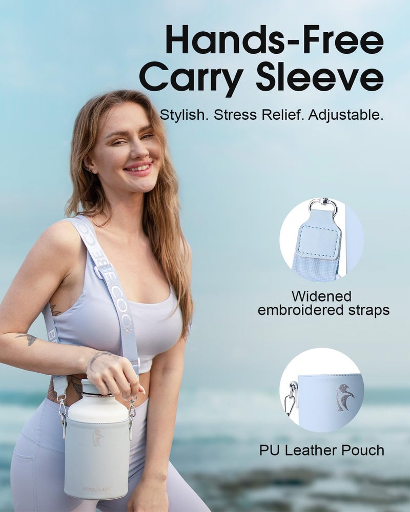Coolflask 64 oz Water Bottle Insulated with PU Leather Sleeve, Half Gallon Water Bottle Color Contrast with Straw Lids, Stainless Steel Metal Large Water Jug, Keep Cold 48h Hot 24h,Glacier White - Image 3