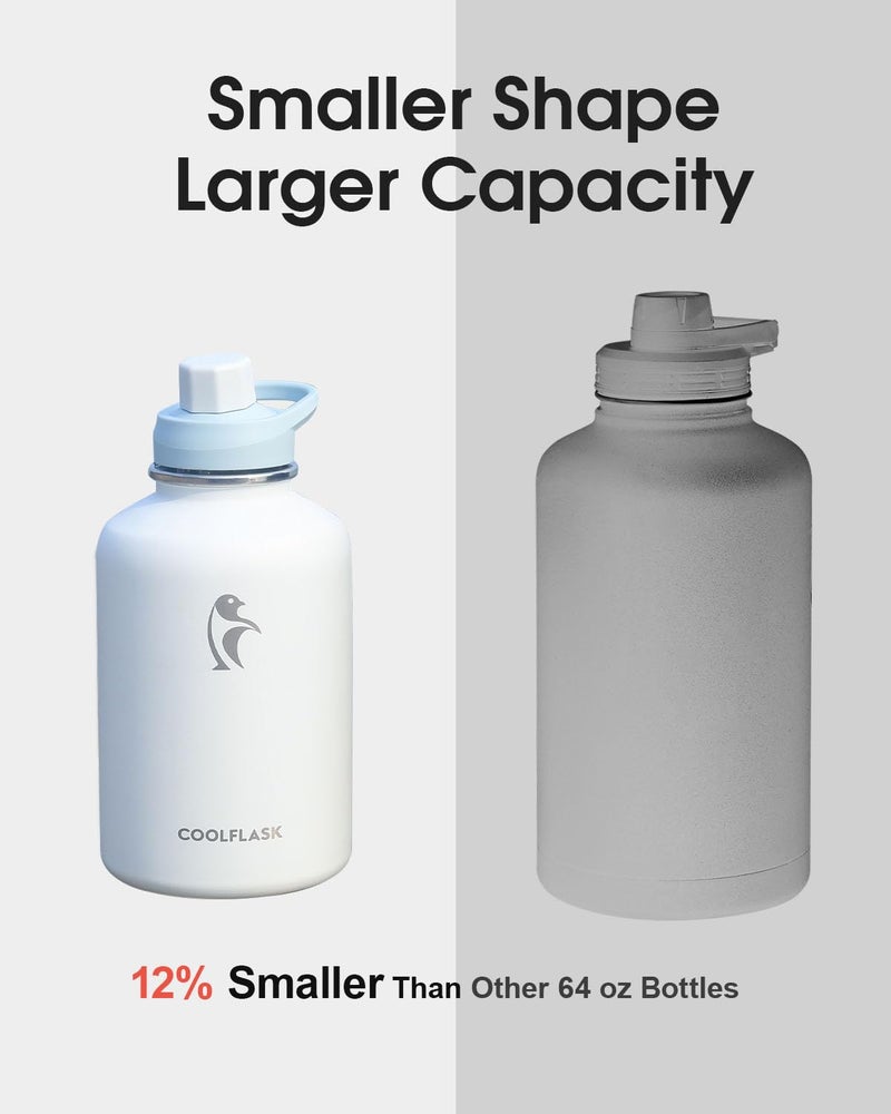 Coolflask 64 oz Water Bottle Insulated with PU Leather Sleeve, Half Gallon Water Bottle Color Contrast with Straw Lids, Stainless Steel Metal Large Water Jug, Keep Cold 48h Hot 24h,Glacier White - Image 4