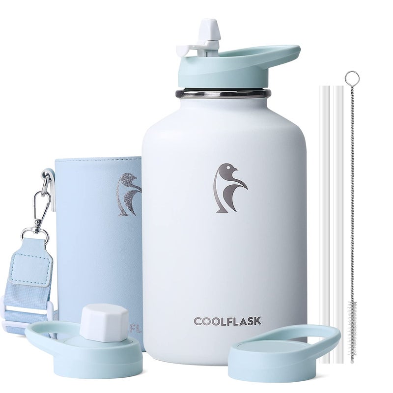 Coolflask 64 oz Water Bottle Insulated with PU Leather Sleeve, Half Gallon Water Bottle Color Contrast with Straw Lids, Stainless Steel Metal Large Water Jug, Keep Cold 48h Hot 24h,Glacier White - Image 1
